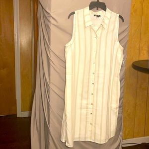 BRAND NEW Ivory and Khaki stripped rayon/linen blend bottom down shirt dress